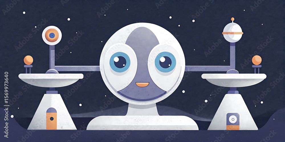 Poster a whimsical robot balances objects in a futuristic space setting.