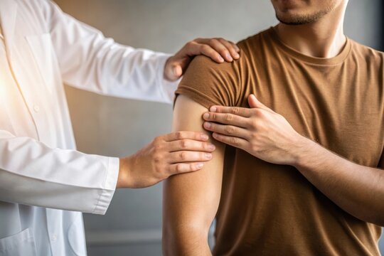 Doctor examining a patient s shoulder with a gentle touch and supportive gesture