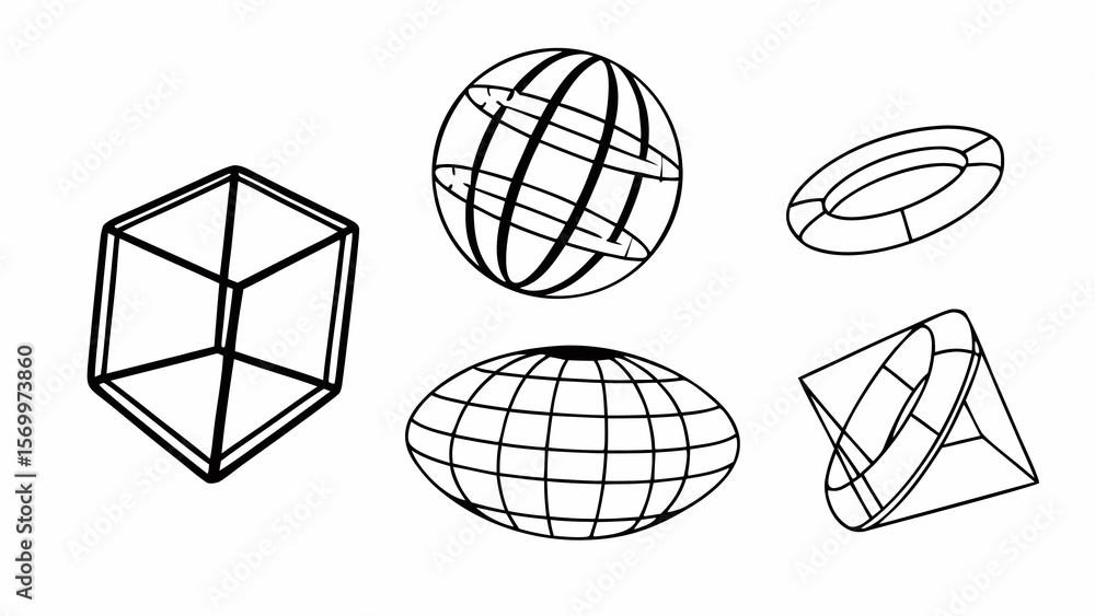 Poster illustration of geometric shapes including a cube sphere torus ellipsoid and cone on a white backgro