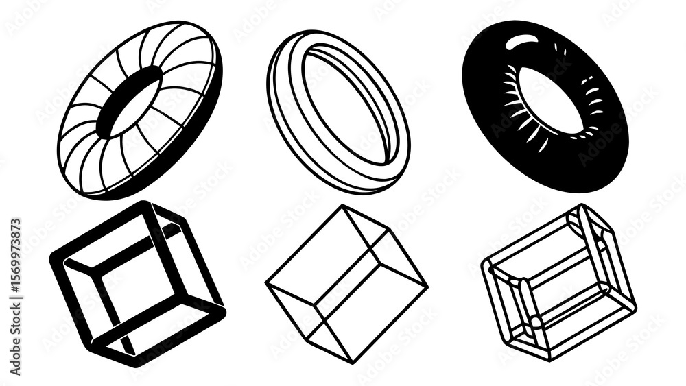 Poster illustration of three rings and three cubes in different styles on a white background created with g