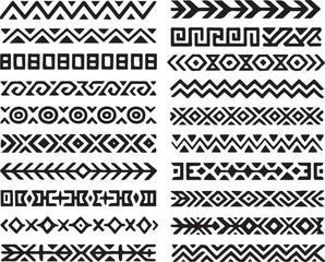 Collection of diverse black and white tribal ethnic geometric patterns and borders in a clean modern abstract style