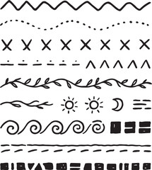 Obraz premium Collection of hand drawn black decorative dividers and borders featuring waves leaves sun moon zigzags dots crosses and geometric shapes