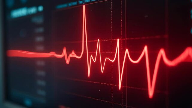 A hospital monitor with a flatline EKG and alarming vital signs, creating a sense of urgency and life-threatening medical emergency.
