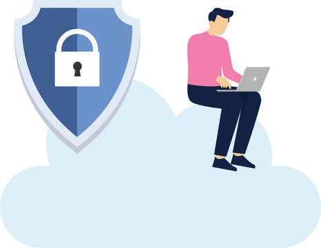 Cloud security, encryption and secure data exchange. Safety and confidential data protection, concept with characters. Vector illustration

