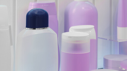 Row of  bottles and containers of various sizes and shapes are lined up on a counter. The bottles are all purple and some are clear