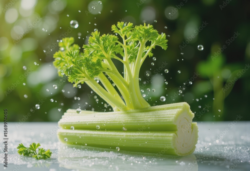 Poster fresh celery stalks snapping with fibrous strings and water spray