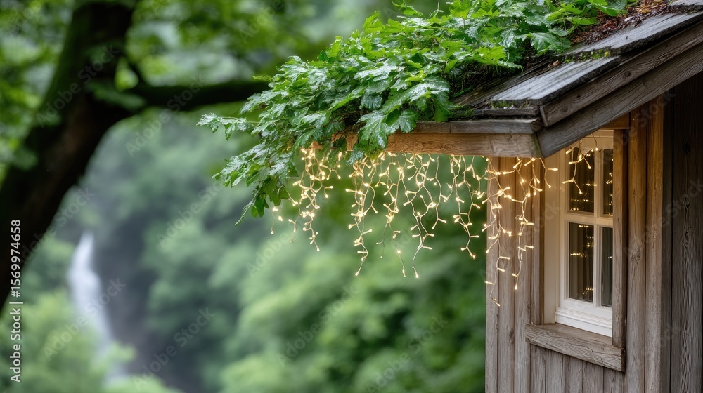 Poster string lights warmly illuminate a rustic treehouse, surrounded by vibrant green trees, creating a co