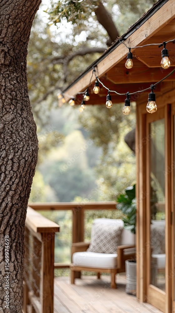 Poster string lights warmly illuminate a rustic treehouse, surrounded by vibrant green trees, creating a co