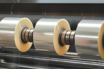 A machine with a roll of polyethylene plastic wrapping film on it. The machine is in a factory....