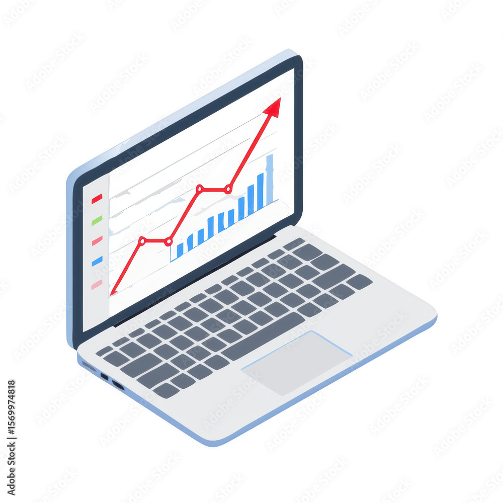 Poster laptop displaying upward trend graph isolated on transparent background