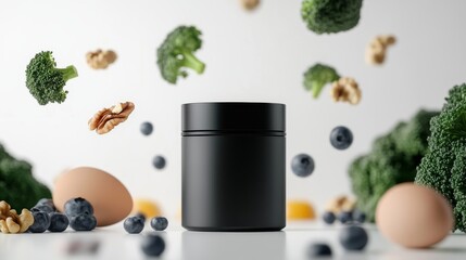 a small plastic black jar mockup awith black lid while some brocoli, walnuts, blueberries, eggs, salamon flying in the background against a white background , studio photography, product photography, 