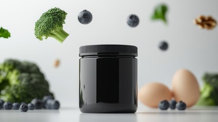 a small plastic black jar mockup awith black lid while some brocoli, walnuts, blueberries, eggs, salamon flying in the background against a white background , studio photography, product photography, 