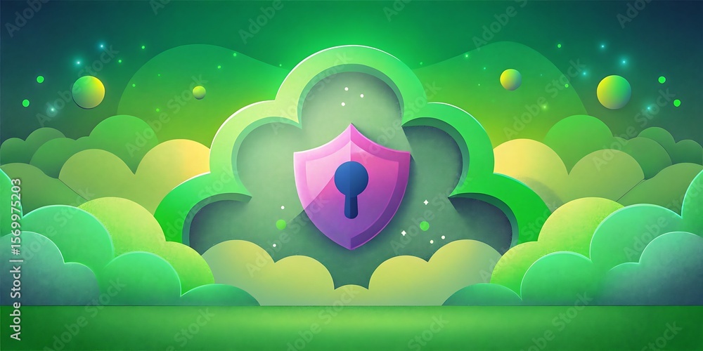 Poster a pink shield protects data in a green cloud computing environment.
