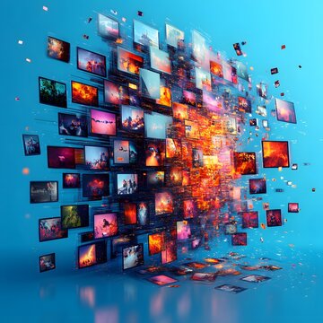 Floating gallery of art presented on digital bright blue scene