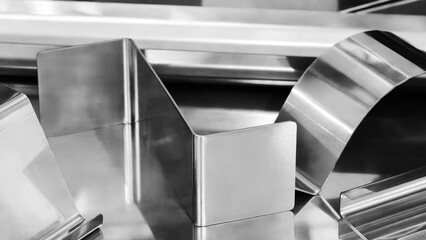 metal pieces are being cut by machine. pieces all same size and shape, and they are arranged in a...