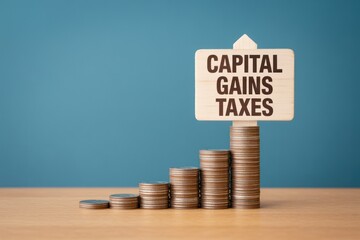 Capital gains taxes sign atop stacked coins against a blue background on a wooden surface