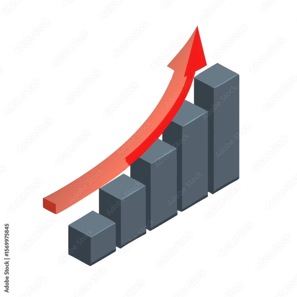 Poster growing bar chart with red arrow isolated on transparent background