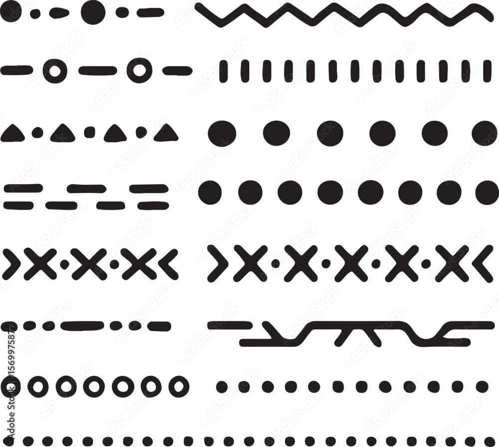 Poster collection of abstract black geometric shapes and patterns including dots dashes zigzags and crosses