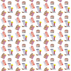 Seamless city-themed pattern featuring a girl with a dog under an umbrella, surrounded by shops and houses, created in a decorative illustrative style