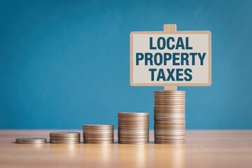 Stacks of coins representing local property taxes with a sign on blue background display idea