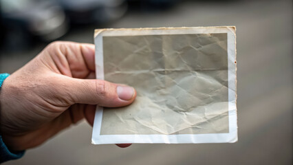Hand holds old wrinkled photo with unresolved emotions and trauma, symbolizing memories and passage of time in close up view