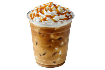 Refreshing iced caramel coffee drink with whipped cream and caramel drizzle isolated on transparent background