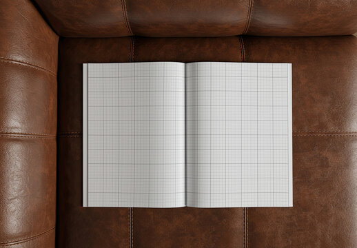 Open Magazine Brochure Mockup on Leather Sofa