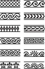 Collection of twelve distinct black and white tribal and oceanic inspired decorative borders and patterns on a white background