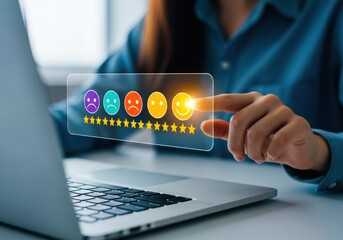 Customer satisfaction survey with positive feedback and star rating on a laptop