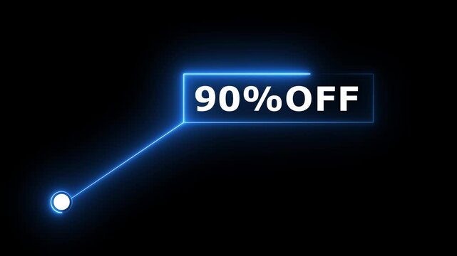 90% OFF text on Neon speech bubble line animation on black background. Ideal for sales, free offers, e commerce discounts, marketing videos, banners.