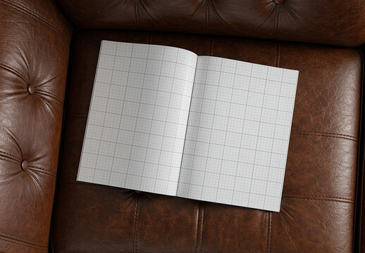 Open Magazine Brochure Pages Mockup on Leather Sofa