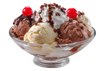 Decadent chocolate and vanilla ice cream sundae with whipped cream and cherries isolated on transparent background