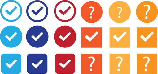 Collection of colorful checkmark and question mark icons in circles and squares