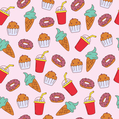 Colorful seamless vector pattern with sweet fast food and snacks in cartoon stylisation. Pop art wallpaper. Trendy food background in flat doodle style