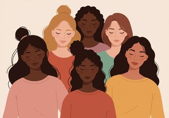 Portrait of Multi-Ethnic Females Meditating or Dreaming - Gentle and inclusive vector art suitable for themes of sisterhood, well-being, community, or inner harmony.
