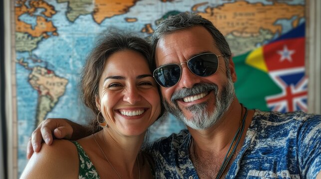 a smily and happy adult brazilian couplein their early 40s traveller in front of a panel with a large world map and real flags USA, UK, Australia, France, Portugal, Spain as a background panel photo r