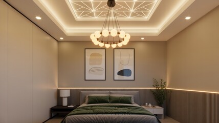 Bedroom interior with a bed, two artworks, a chandelier, and recessed ceiling lighting design