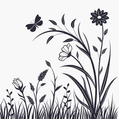 Grass and flower border. Simple meadow border  and vector illustration.