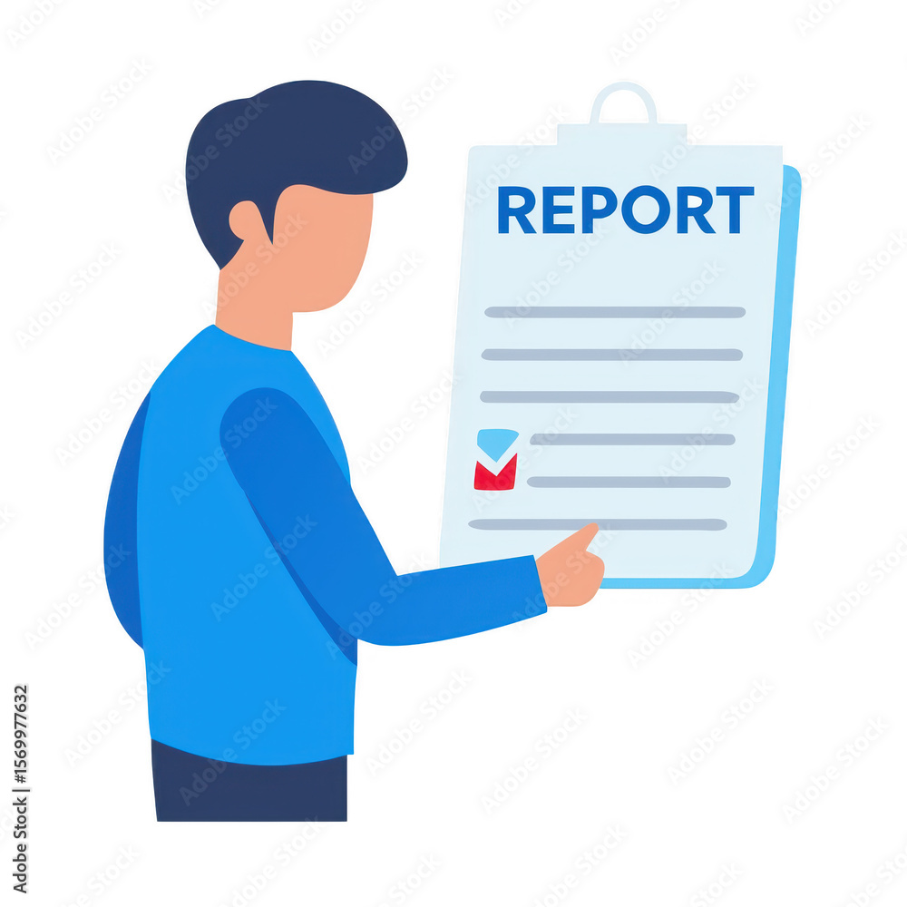 Poster man pointing at a report document isolated on transparent background