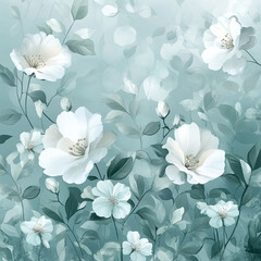 Soft white flowers blooming in serene teal background  