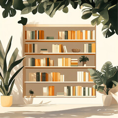 Colorful bookshelf with books and plants in modern interior setting  