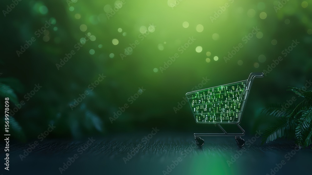Poster shopping cart network interface online shopping shopping cart icon with a digital lock, green backgr