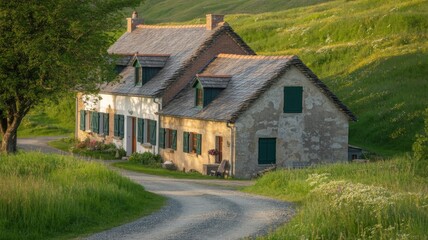Idyllic countryside home with stone walls and green shutters nestled in grassy hillsides view
