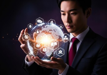 Businessman holding a glowing globe with digital icons representing global connectivity