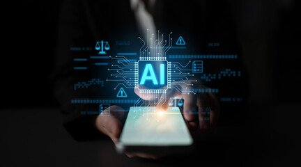 AI circuit microchip with glowing blue lines, surrounded by legal scales, warning symbols, data...