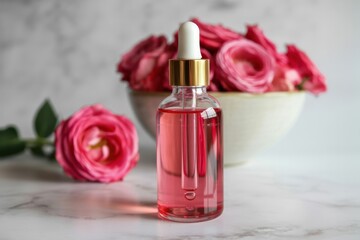 Still life of rose oil in a clear bottle with gold lid and roses in a bowl on marble surface