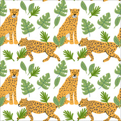 Tropical animals pattern with leopards and greenery for nature wallpaper design.