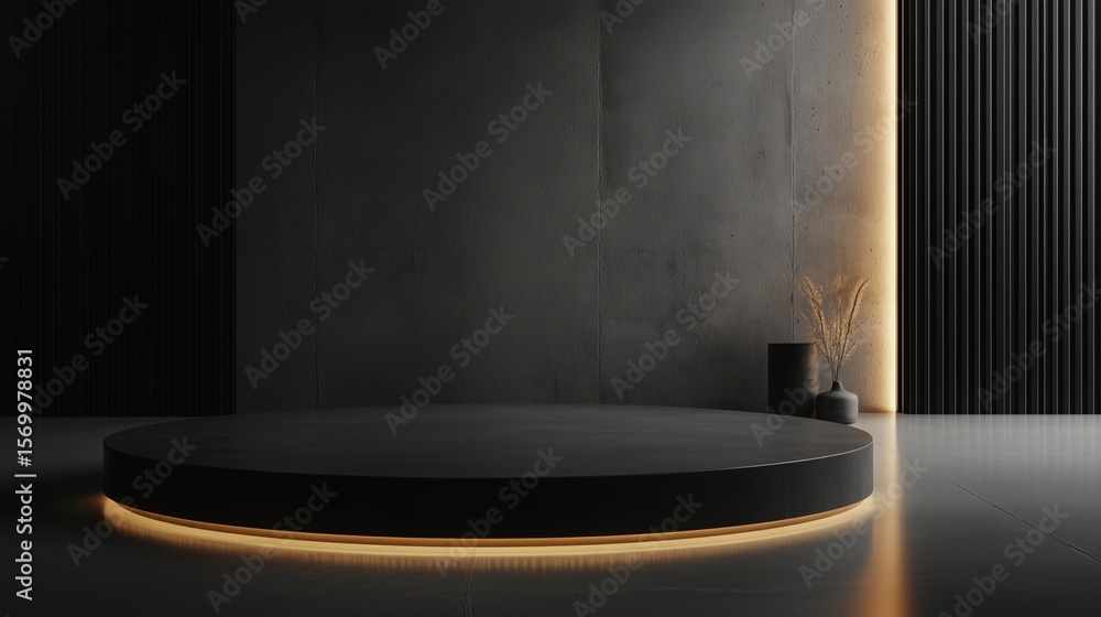 Poster modern minimalist stage design with elegant lighting and simple decor in an urban setting