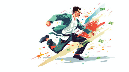 Obraz premium Karate Master's Fierce Financial Strike: A Powerful Mixed Media Vector Illustration of a Karateka 