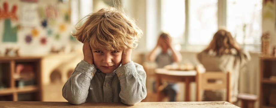 The child covering ears in a busy classroom setting.